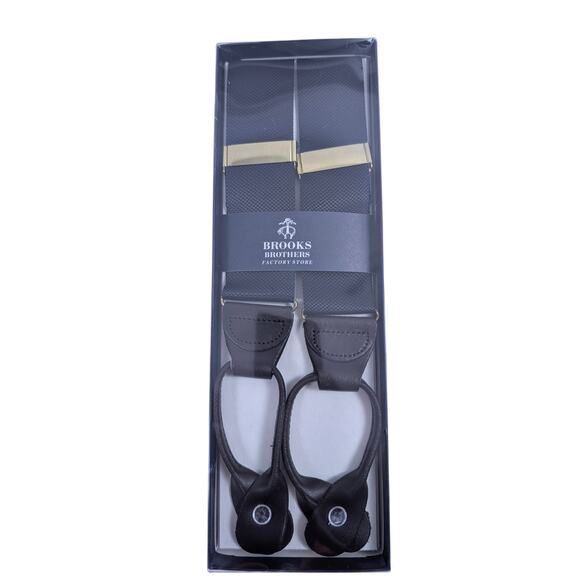 Brooks Brothers Solid Navy Blue Y Back Suspenders Dark Brown Leather Tabs 1 Size